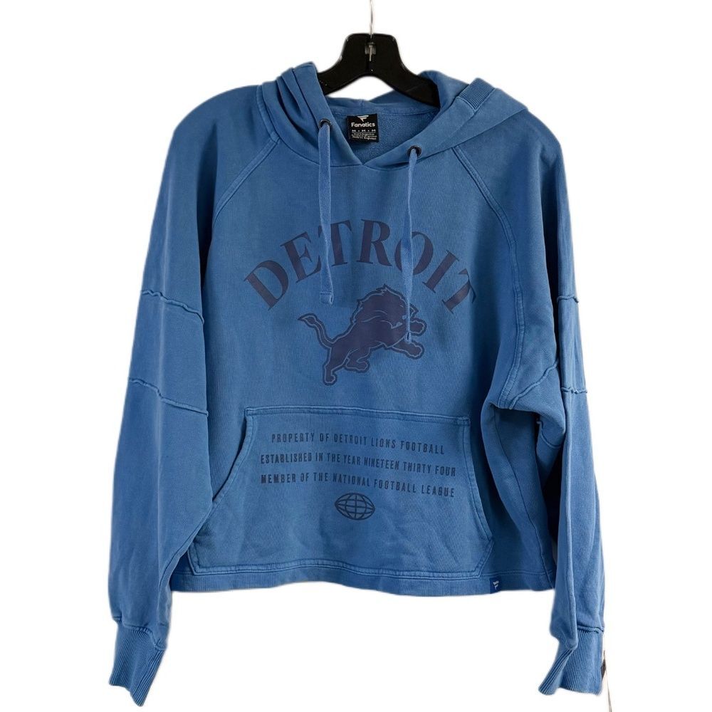 NWT Fanatics Raglan Gridiron Detroit Lions Boxy Crop Blue Hoodie Size M